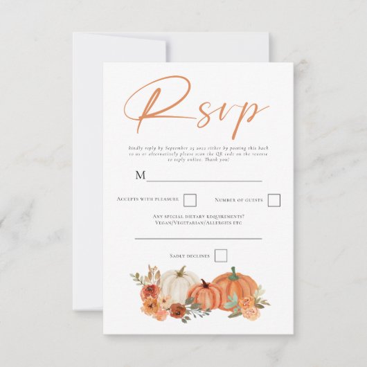 Cartons Réponse Orange Citrouille Automne Florals Script QR Code (Devant)