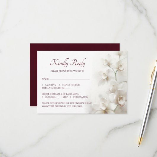 Cartons Réponse Orchidées Blanches Rêveuses Mariage Simple (Devant/Arrière en situation)