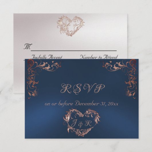 Cartons Réponse Ornate Frame & Heart - Blue/Rose Gold (Devant / Derrière)
