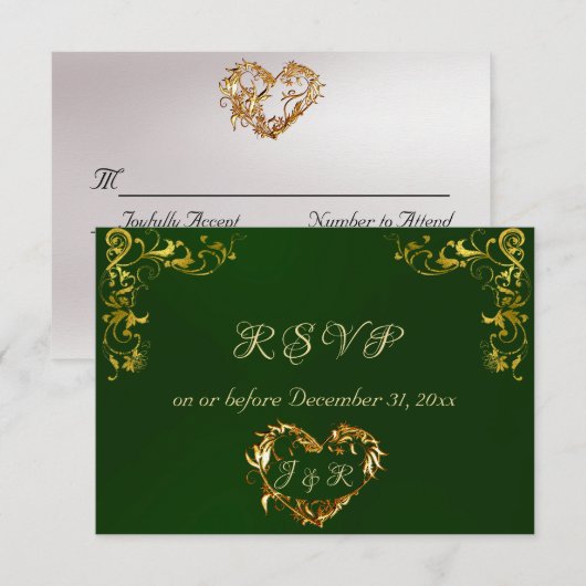 Cartons Réponse Ornate Frame & Heart - Emerald/Gold (Devant / Derrière)
