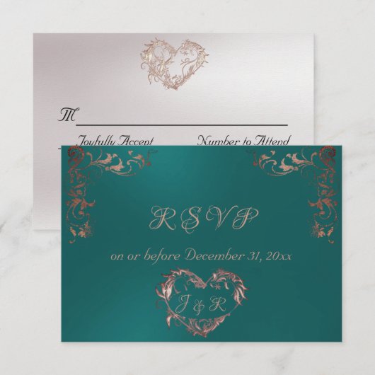 Cartons Réponse Ornate Frame & Heart - Teal/Rose Gold (Devant / Derrière)