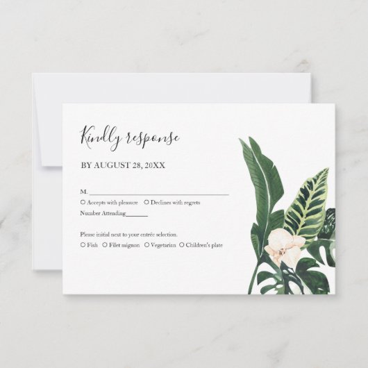 Cartons Réponse Palm Feuille Hibiscus Tropical Elégant Mariage RSV (Devant)