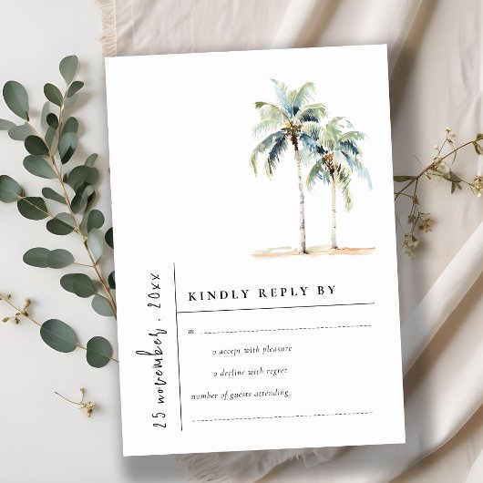 Cartons Réponse Palmiers minimaux Mariage d'aquarelle tropicale