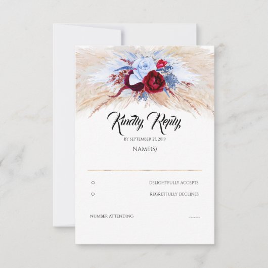 Cartons Réponse Pampas Grass Bourgogne Rouge Dusty Bleu Mariage RS (Devant)