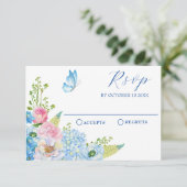 Cartons Réponse Papillon bleu fleur rose (Debout devant)