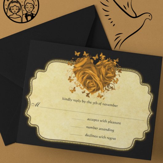 Cartons Réponse Papillon Métallurgique Coeur Or Faux Parchemin