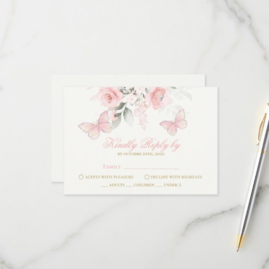 Cartons Réponse Papillon rose Quinceañera (Devant/Arrière en situation)
