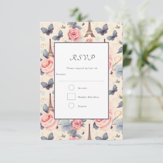 Cartons Réponse Papillon Tour Eiffel et Mariage Motif Rose (Debout devant)