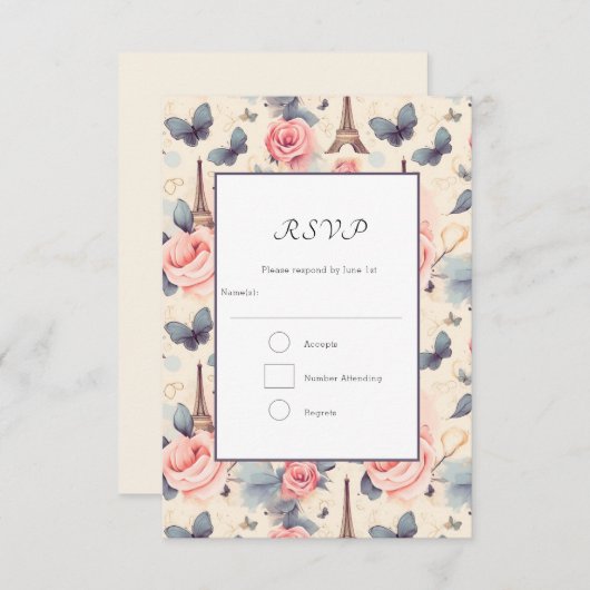 Cartons Réponse Papillon Tour Eiffel et Mariage Motif Rose (Devant / Derrière)