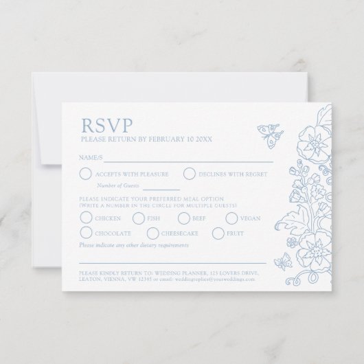 Cartons Réponse Papillons aux fleurs printanières art mariage bleu (Dos)