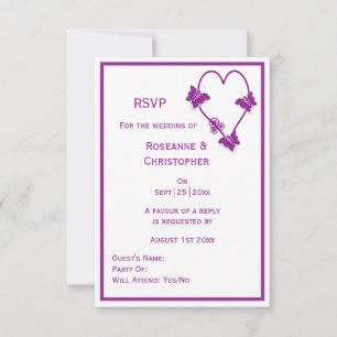 Cartons Réponse Papillons violets Mariage de conception cardiaque