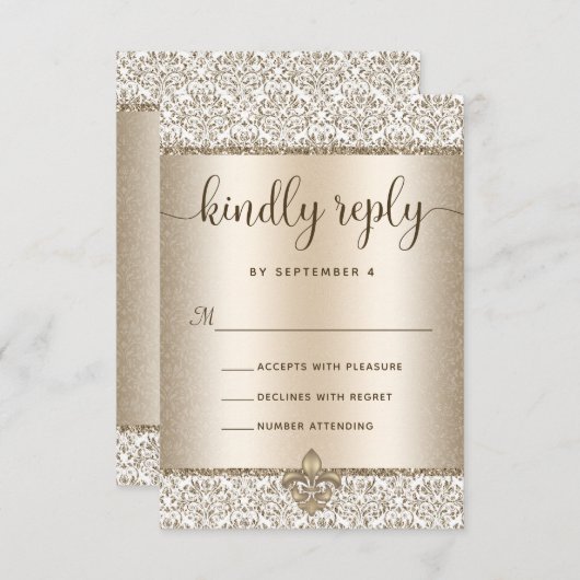 Cartons Réponse Parties scintillant Champagne Fleur De Lis Mariage (Devant / Derrière)