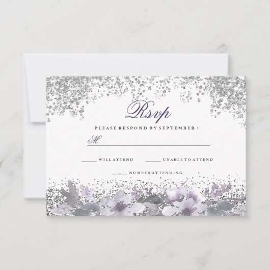 Cartons Réponse Parties scintillant d'argent Floral Violet mariage (Devant)