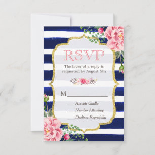 Cartons Réponse Parties scintillant d'or rose floral bleu marine r