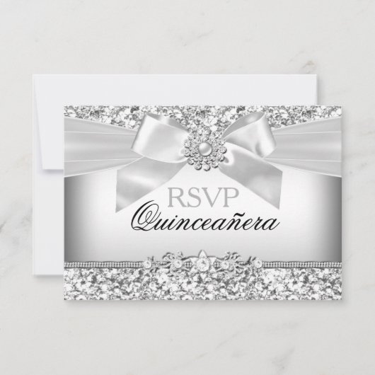 Cartons Réponse Parties scintillant en argent et bijoux Bow Quince (Devant)