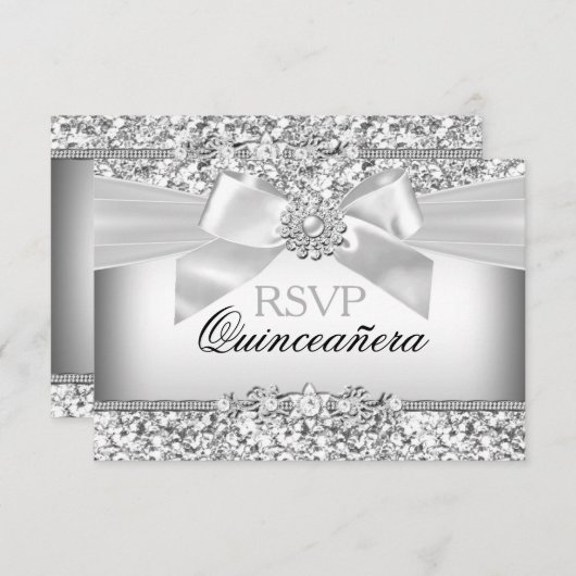 Cartons Réponse Parties scintillant en argent et bijoux Bow Quince (Devant / Derrière)