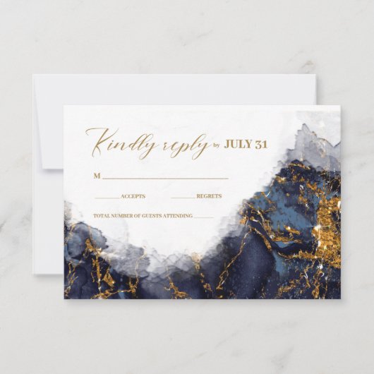 Cartons Réponse Parties scintillant en marbre Mariage Marine Blue (Devant)