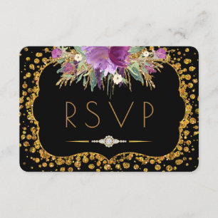 Cartons Réponse Parties scintillant en or floral Confetti Noir RSV