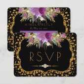 Cartons Réponse Parties scintillant en or floral Confetti Noir RSV (Devant / Derrière)