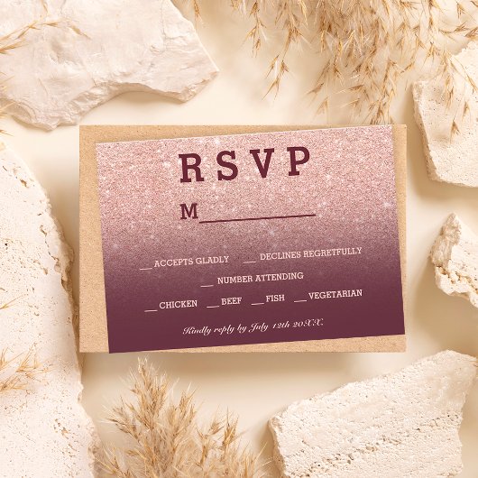 Cartons Réponse parties scintillant en or rose faux burgundy ombre