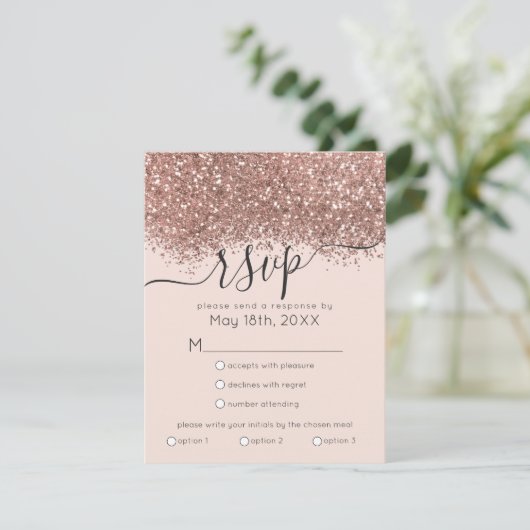 Cartons Réponse Parties scintillant Rose or rose Confetti Mariage (Debout devant)