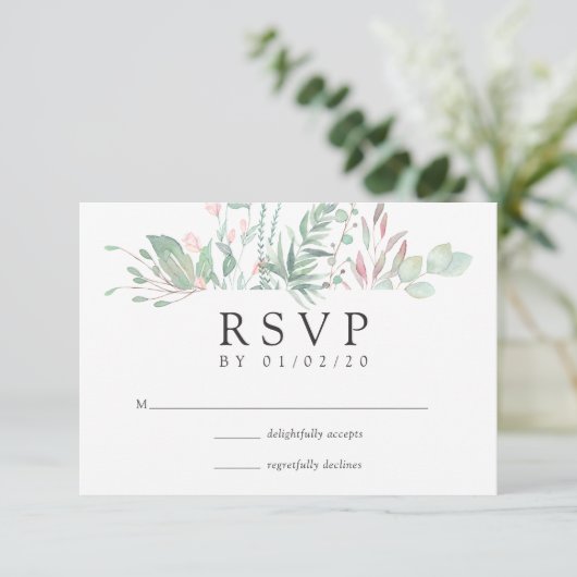 Cartons Réponse Pastel Blush Greenery Mariage (Debout devant)
