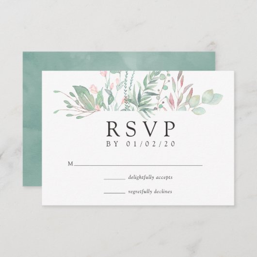 Cartons Réponse Pastel Blush Greenery Mariage (Devant / Derrière)