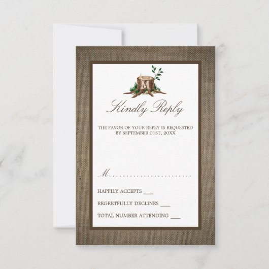 Cartons Réponse Pays Russe Monogramme Arbre et Mariage de Burlap (Devant)