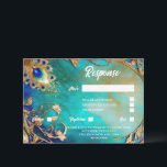 Cartons Réponse Peacock plumes bleu or marbré arrière - plan<br><div class="desc">Contre un foncé ; un arrière - plan bleu clair et turquoise est une plume de paon et des tourbillons de brindilles 3D. La plume semble briller et briller et les modèles blancs modifiables à droite du panache de plume peuvent être personnalisés selon vos besoins. Ce design luxueux et élégant...</div>