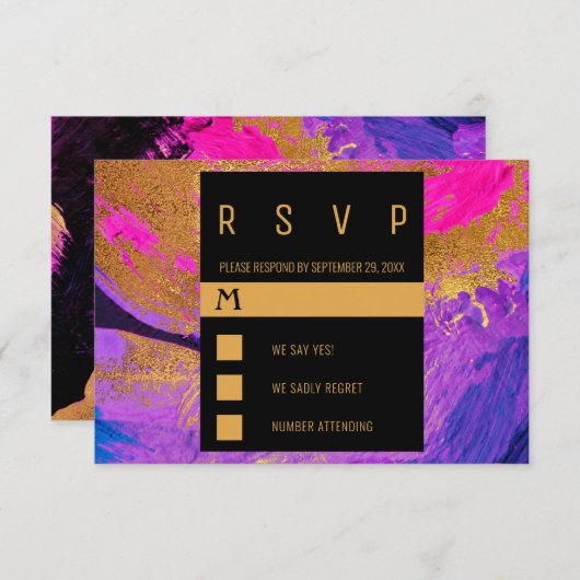 Cartons Réponse Peinture acrylique moderne mariage or rose violet (Devant / Derrière)