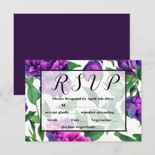 Cartons Réponse Peonées d'aquarelle romantique violet magenta rose (Devant / Derrière)