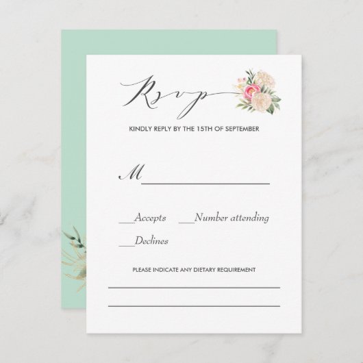 Cartons Réponse Peonies Typographie Exigences alimentaires mariage (Devant / Derrière)