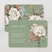 Cartons Réponse Peony moderne et Hydrangea Mariage vert olive (Devant / Derrière)
