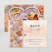 Cartons Réponse Perles de Coeur, Roses Orange & Papillons Mariage (Devant / Derrière)