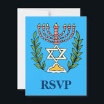 Cartons Réponse Persian Magen David Menorah<br><div class="desc">Une carte RSVP pour accompagner les invitations Bar/Bat mitzvah avec le même design. Cette image a été adaptée à partir d'un carrelage juif perse antique et présente une menorah avec un Magen David (Étoile de David) encadré de branches d'olivier. Les imperfections de l'image originale peinte à la main ont été...</div>