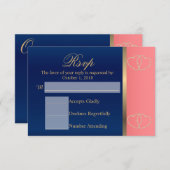 Cartons Réponse Personnalisé - Corail et bleu marine avec coeur d' (Devant / Derrière)