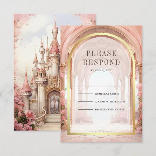 Cartons Réponse Pink Floral Fairytale Castle Wedding (Devant / Derrière)