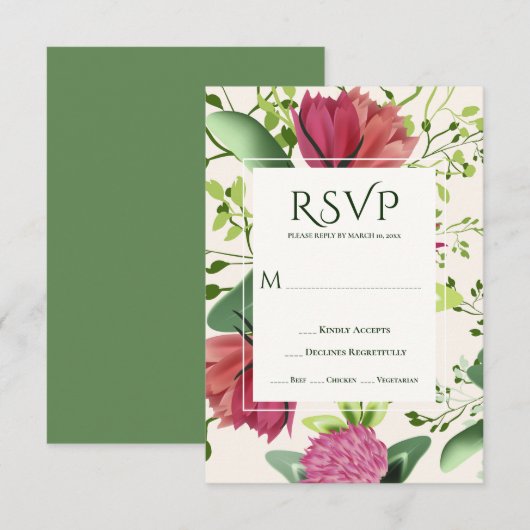 Cartons Réponse Pink & Red Clover Floral Greenery Mariage (Devant / Derrière)