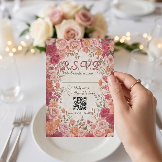 Cartons Réponse Pink & Red Romantic Spring Floral QR Code Wedding