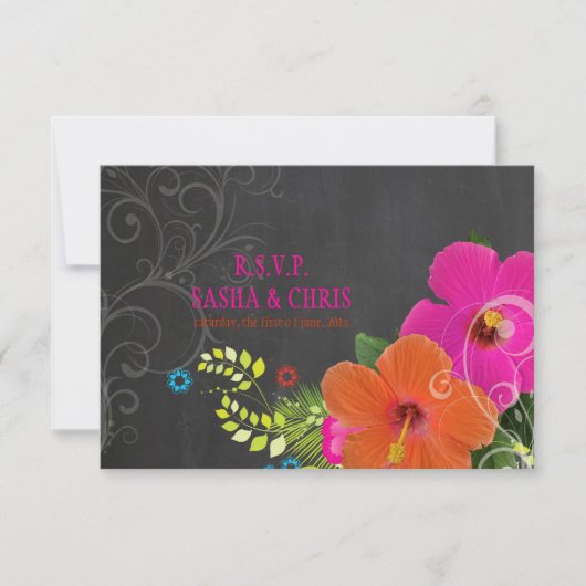 Cartons Réponse PixDezines rsvp, tableau noir+hibiscus+foune (Devant)