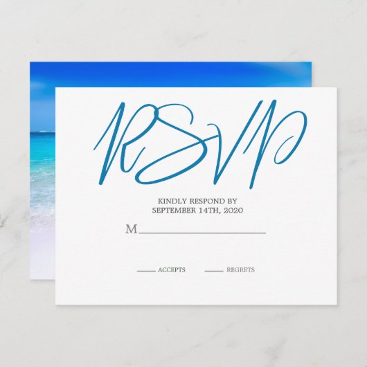 Cartons Réponse Plage mariage Océan Bleu Sable Destination Moderne (Devant / Derrière)