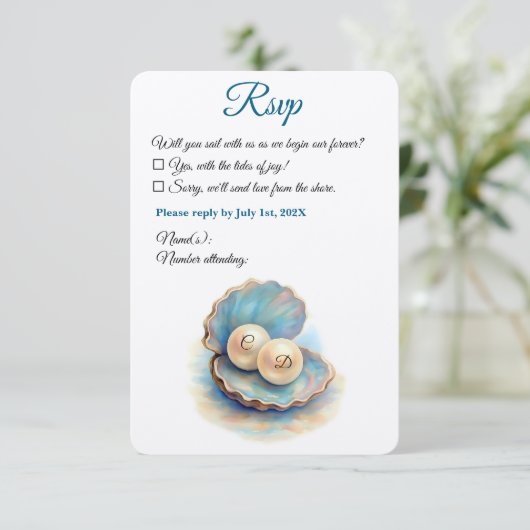 Cartons Réponse Plage Mariage Pearls Shell Elégant thème Océan (Debout devant)