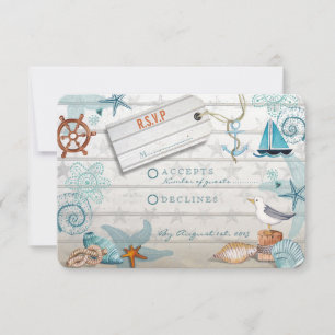 Cartons Réponse Plage nautique en bois bleu rustique Mariage RSV