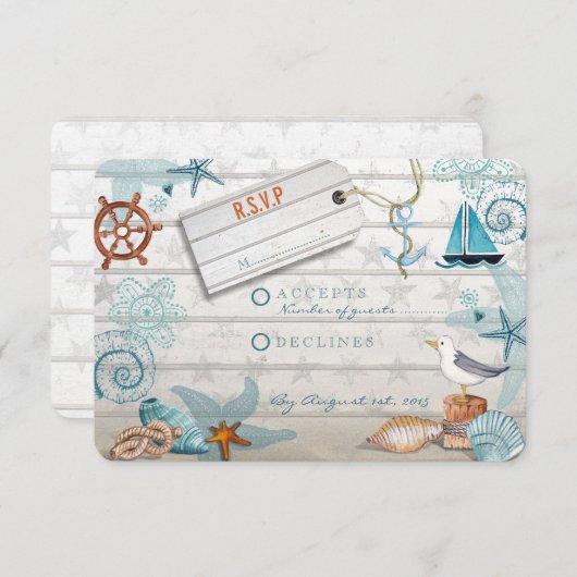 Cartons Réponse Plage nautique en bois bleu rustique | Mariage RSV (Devant / Derrière)