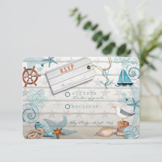 Cartons Réponse Plage nautique en bois bleu rustique | Mariage RSV (Debout devant)