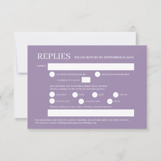 Cartons Réponse Plat d'aquarelle violet skyflower options mariage (Dos)