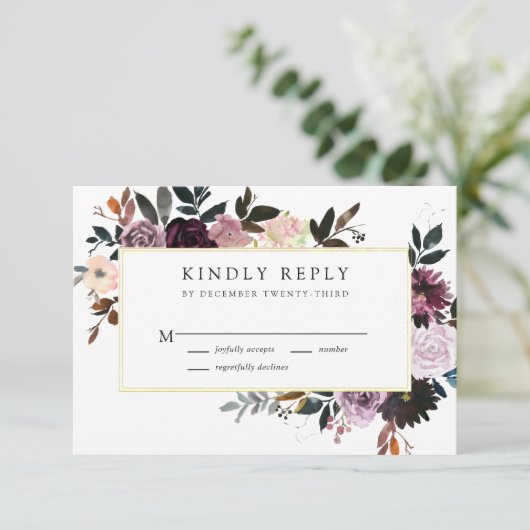Cartons Réponse Plum violet et Mariage floral rose mauve (Debout devant)