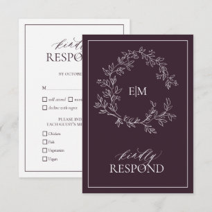 Cartons Réponse Plum violet poitrine feuillus Monogramme Mariage C