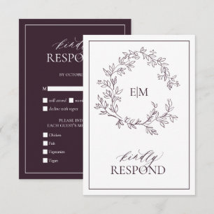 Cartons Réponse Plum violet poitrine feuillus Monogramme Mariage C