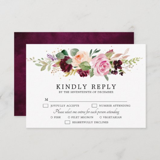 Cartons Réponse Plum violet rose pâle Mariage végétal (Devant / Derrière)